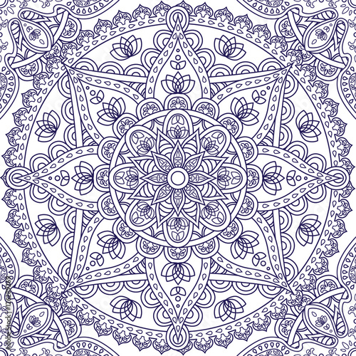 Oriental seamless pattern. Blue outline square Arabic, Indian, American, Moroccan ethnic ornament such as adult coloring book, batik, t-shirt print. Mandala. Vector illustration.