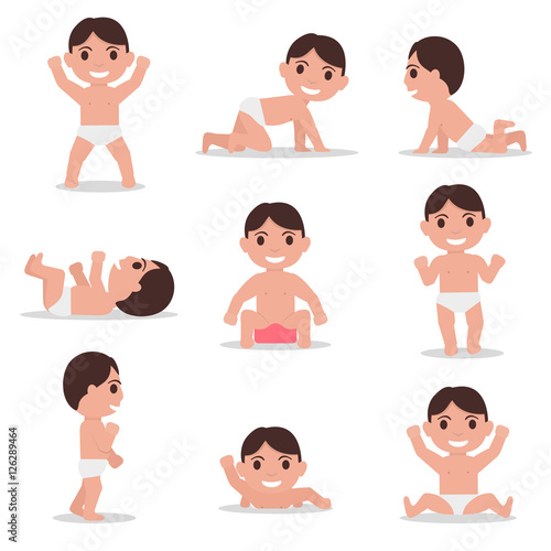 Vector set cartoon child toddler. Baby learns walk