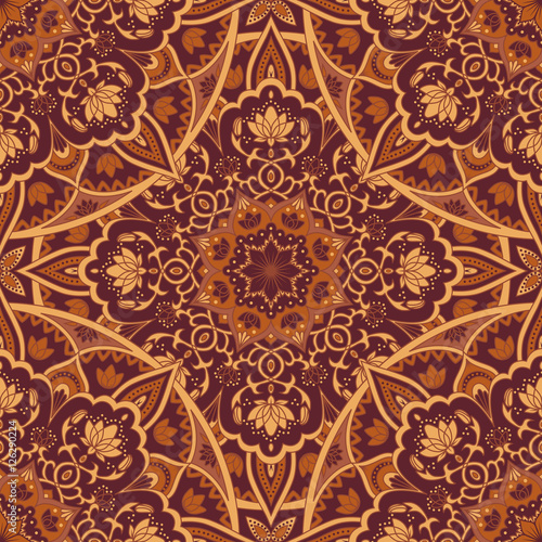 Oriental seamless pattern. Colored square Arabic  Indian  American  Moroccan ethnic ornament in brown and ocher colors. Adult coloring book. Wallpaper. Mandala. 