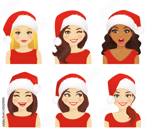 Set of women with different facial expressions in christmas santa hat isolated
