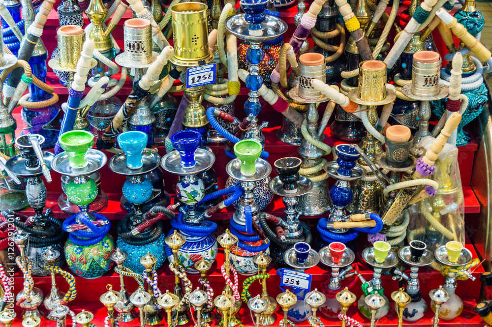Colorful Turkish hookahs in the Grand Bazaar of Istanbul, Turkey