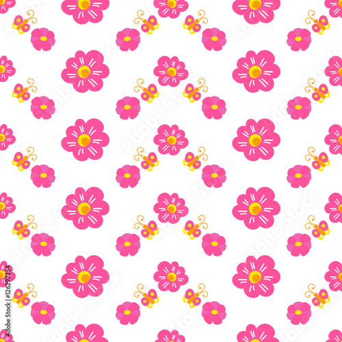 Fototapeta Naklejka Na Ścianę i Meble -  Sweet girl background for template birthday card, baby shower invitation, girls wallpaper, clothing or dress fabric. Pink print with flower and butterfly. Little princess pattern vector.