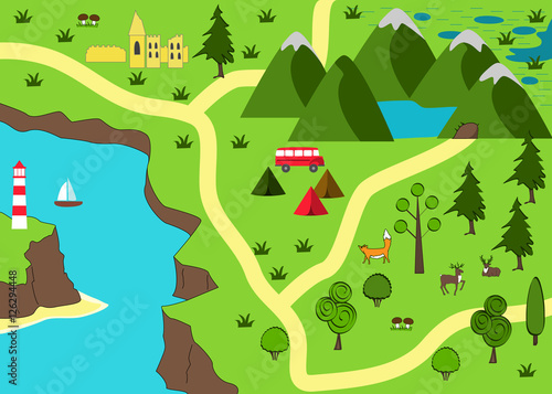 Cartoon adventure map. Wild nature background