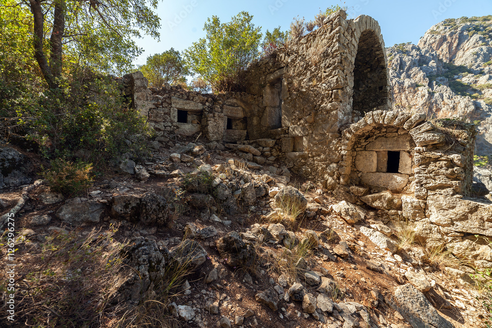 Ruins of Olympos ancient city near Cirali beach of Mediterranean sea. Turkey. Asia Minor.