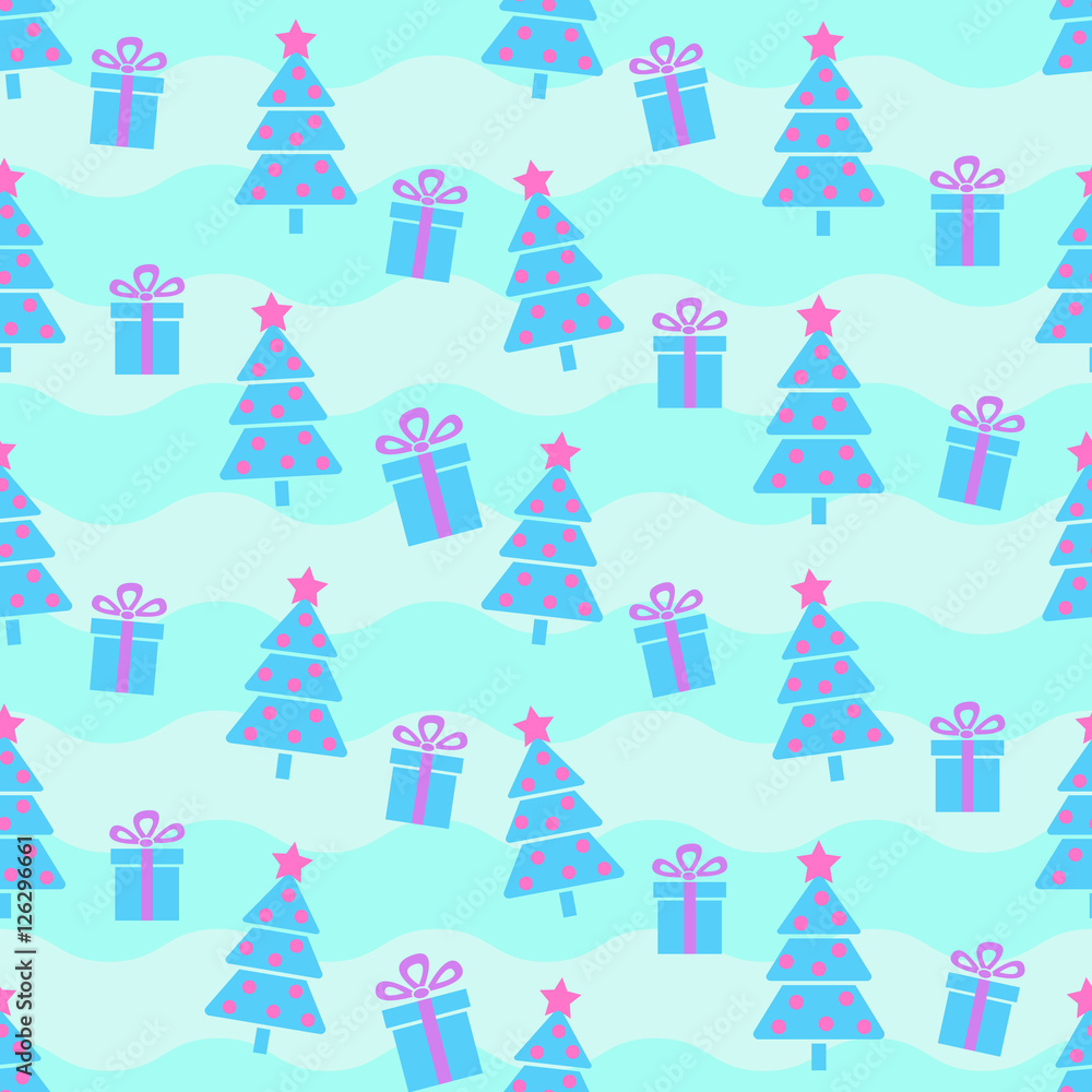 Christmas tree pattern, Seamless pattern with Christmas trees and gift boxes, bright colors Christmas tree pattern, Seamless pattern with Christmas trees and gift boxes, bright colors