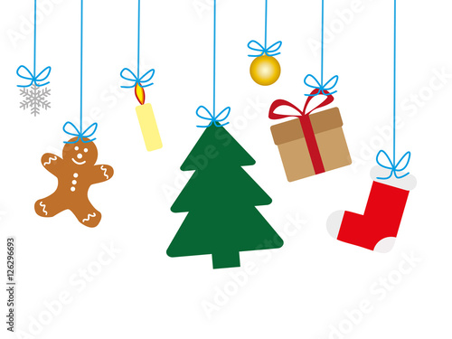 Weihnachten Icons an blauer Leine mit Christbaum, Geschenkbox