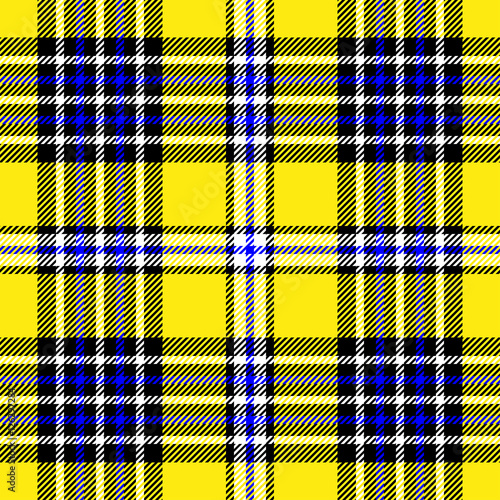 Seamless tartan plaid pattern. Blue, white & black stripes on yellow background. 