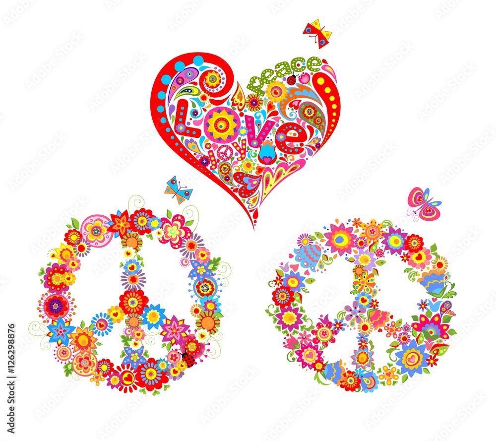 Print with hippie symbolic, colorful peace flower symbol and floral heart shape Print with hippie symbolic, colorful peace flower symbol and floral heart shape