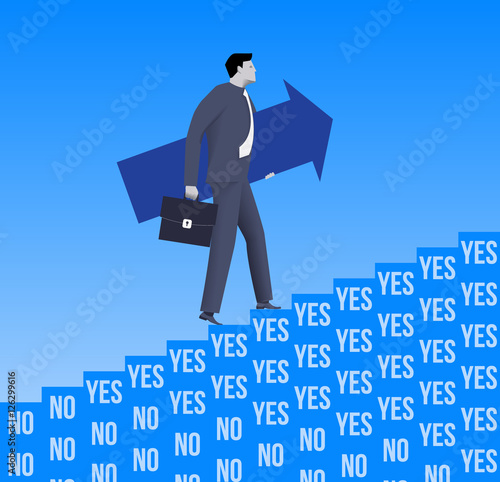 Career ladder opportunities business concept. Confident businessman in suit and with case and big arrow raising up the ladder created from YES and NO blocks with only YES blocks presented near top.