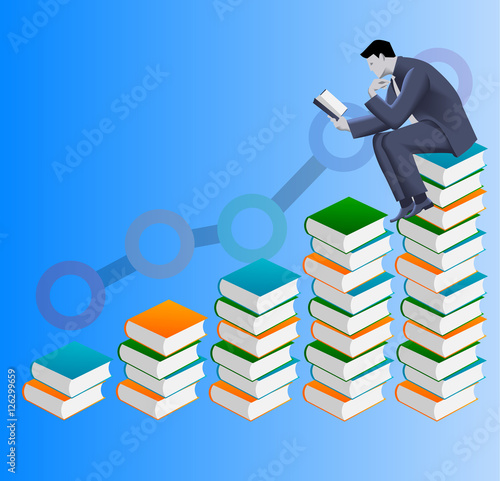 Power of knowledge business concept. Confident businessman in suit read book sitting on top of book stack. On background rising graph goes up proportionally to the number of books read