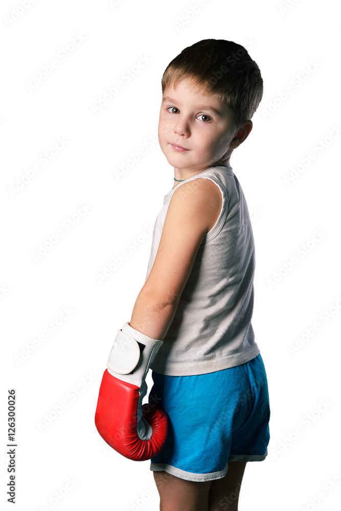 Little boy with red boxing gloves on white background isolated Little boy with red boxing gloves on white background isolated