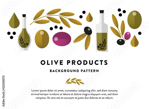 Set / collection of isolated flat vector olives and olive oil bottles with gradient. Background pattern