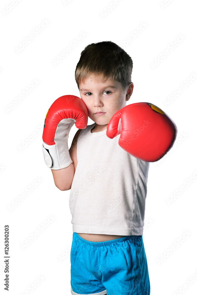 Little boy with red boxing gloves on white background isolated Little boy with red boxing gloves on white background isolated
