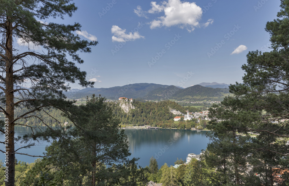 Castle and St. Martins Church overlooking Bled Lake in Slovenia.