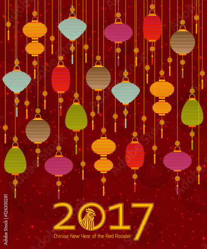 Colorful Chinese paper street lanterns background in flat style. Vector illustration.