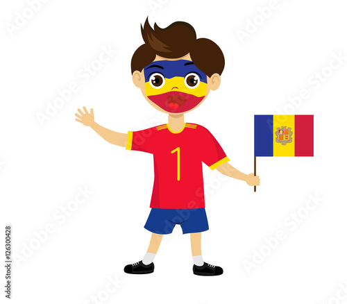 Fan of Andorra la Vella national football team, sports. Boy with flag in the colors of the state command with sports paraphernalia.