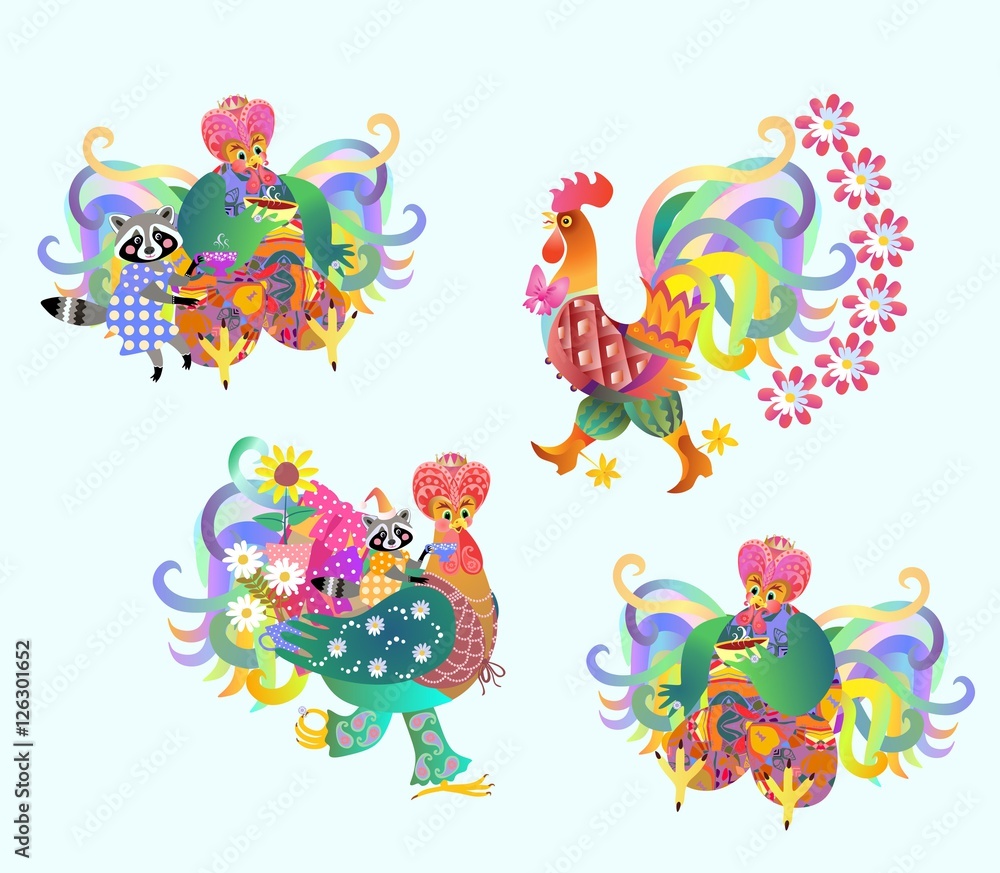 Obraz premium Festive vector set of cute roosters and raccoons, Chinese new year. Teatime.