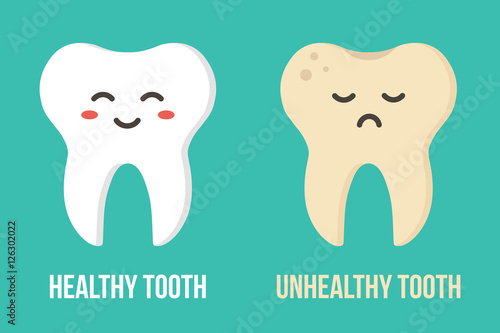 Two flat design human teeth cartoon characters icons. Happy healthy tooth and sad unhealthy tooth.