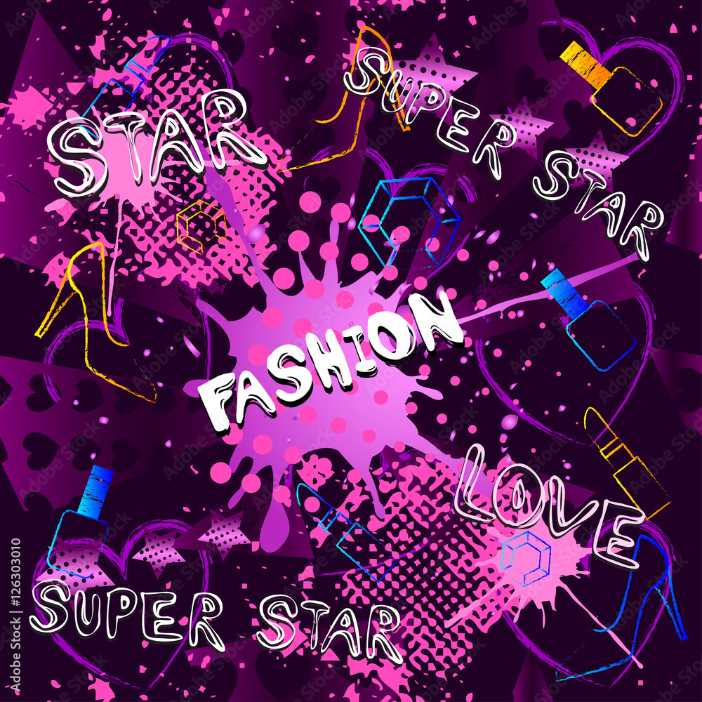 Fototapeta premium Abstract seamless pattern for girls, boys, clothes. Creative vector background with dots, pomade, shoes, star.Funny wallpaper for textile and fabric. Fashion style. Colorful bright. Purple, pink