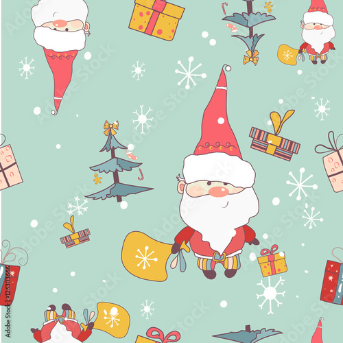 Seamless christmas background with cute Santa Clauses, christmas trees and christmas gift boxes in cartoon style pattern