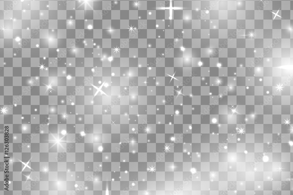 White sparks and white stars glitter special light effect. Vector sparkles on transparent background. Christmas abstract pattern. Sparkling magic dust particles - obrazy, fototapety, plakaty 