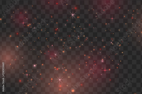 red sparks and stars glitter special light effect. Vector sparkles on transparent background. Christmas abstract pattern. Sparkling magic dust particles