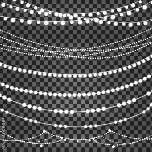 Vector set of overlapping, glowing light garlands on a transparent background. Christmas string Lights. EPS 10 with transparency.