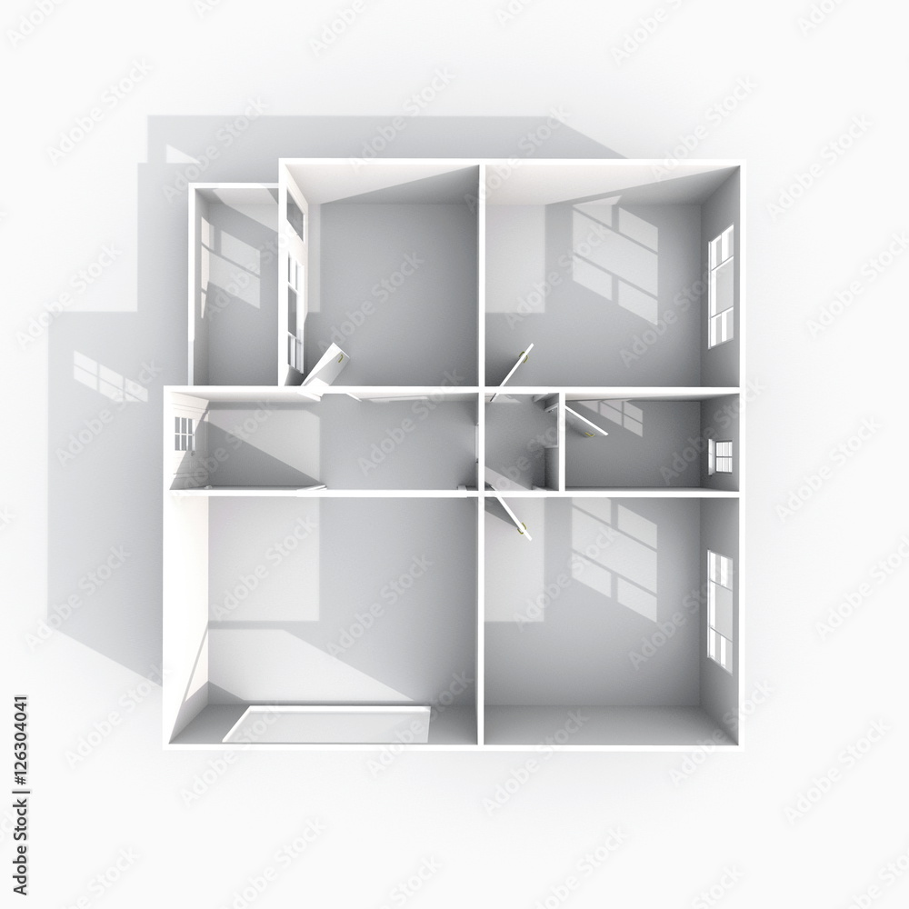 3d interior rendering plan view of empty paper model home apartment 3d interior rendering plan view of empty paper model home apartment