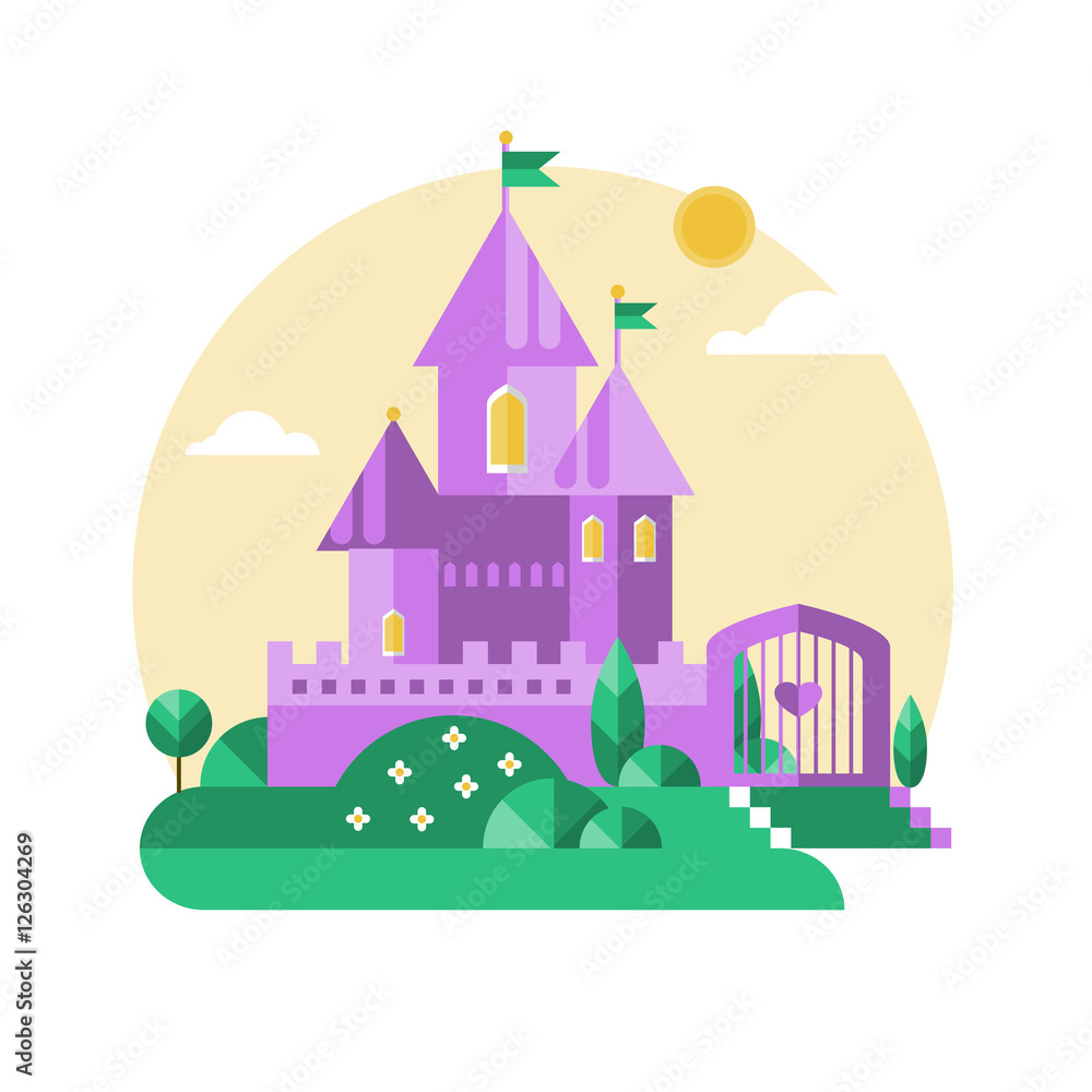 Purple castle. Vector flat illustration.
