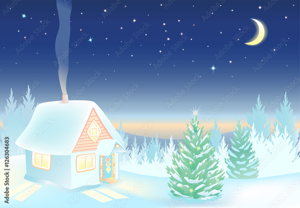 Night Winter landscape with house and forest.