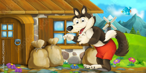 Fototapeta Cartoon scene with wolf near wooden house - illustration for children