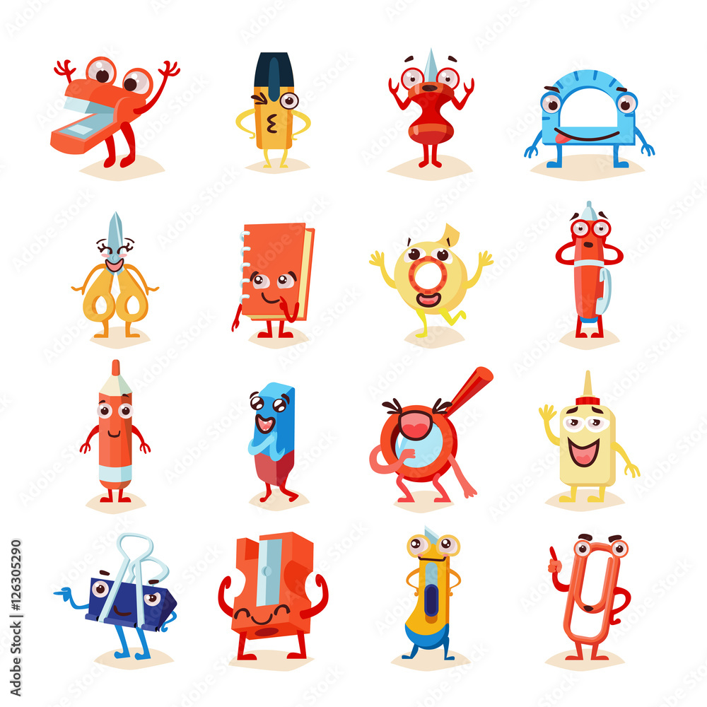 Funny Office Supplies Icons Set Funny Office Supplies Icons Set