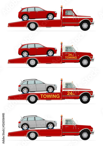Set of four tow truck carrying the car. Side view. Flat vector.