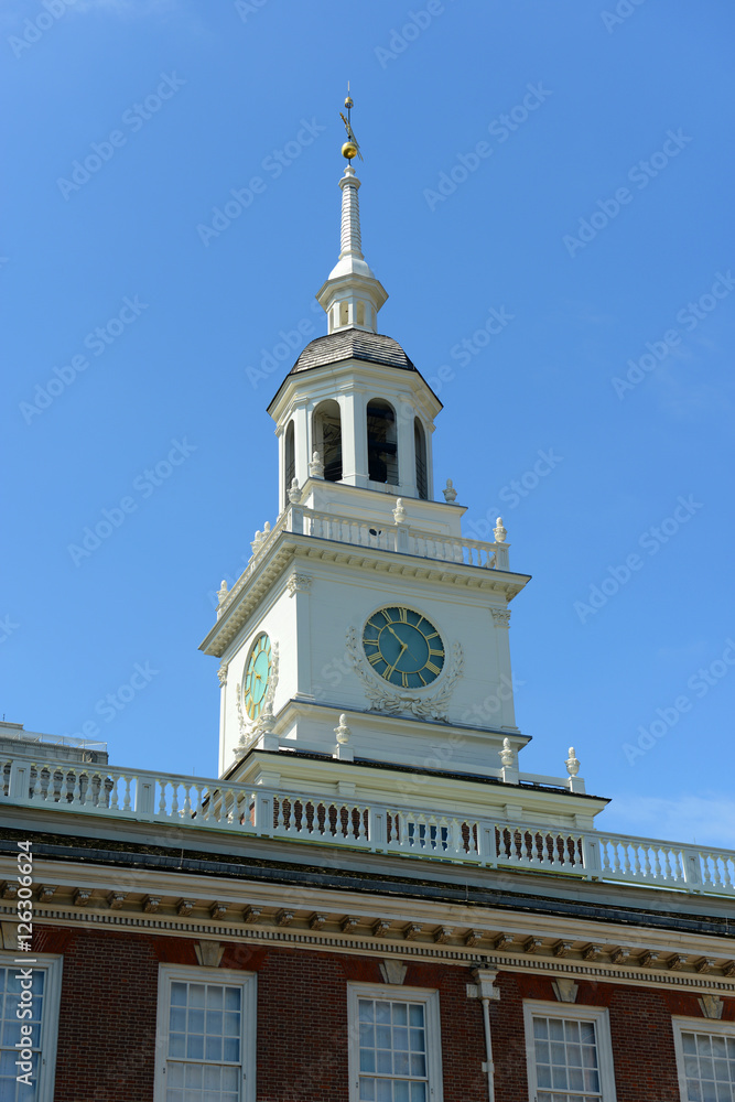 The bell tower atop Independence Hall, formerly home to the Liberty Bell, Philadelphia, Pennsylvania, USA.