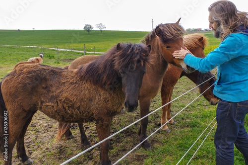 man with long hair speaking  horses on meadow