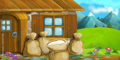 Fototapeta Cartoon scene of traditional wooden farm house - illustration for children