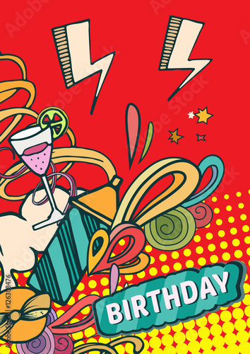 Happy birthday background abstract vector illustration. Party and celebration design cards. Illustration of balloon  gifts  fireworks  ribbon  confetti  cake  pie  drinks. omics style