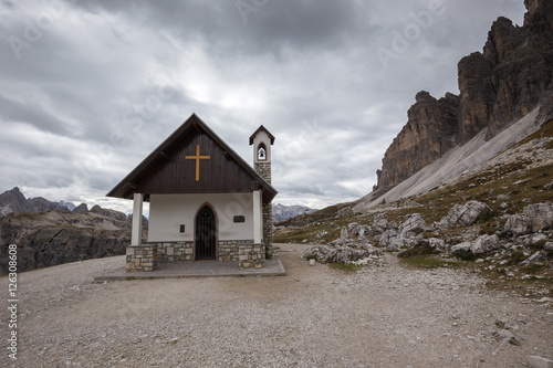 Mountain chapel near Tre Cime di Lavaredo in Dolomites Alps