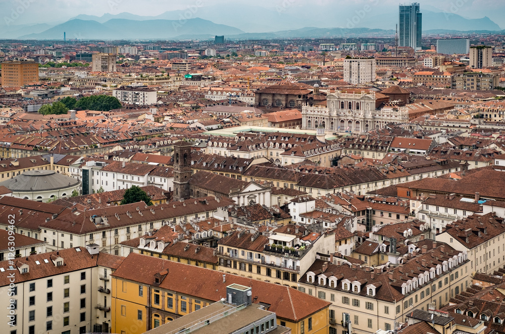 View of Turin taken from the top of the Mole Antonelliana.Turin cityscape.