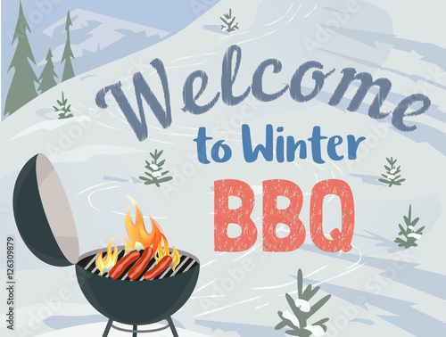 Winter outdoors concept. Cartoon retro style poster. Welcome invitation to barbecue picnic. Season holiday leisure banner background. Mountain ski resort valley. Flaming BBQ grill. Vector illustration