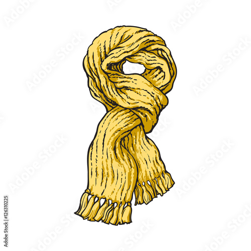 Bright yellow slip knotted winter knitted scarf with tassels, sketch style vector illustrations isolated on white background. Hand drawn fluffy woolen scarf tied in slip knot, winter accessory