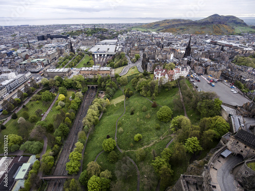Edinburgh city historic Castle on Rock cloudy Day Aerial shot 3