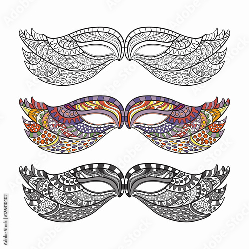 Set of carnival masks, hand-drawn and colored.