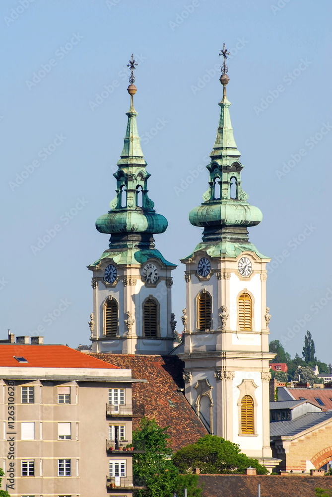 Bell towers of the St. Anne's Church, Budapest, Hungary