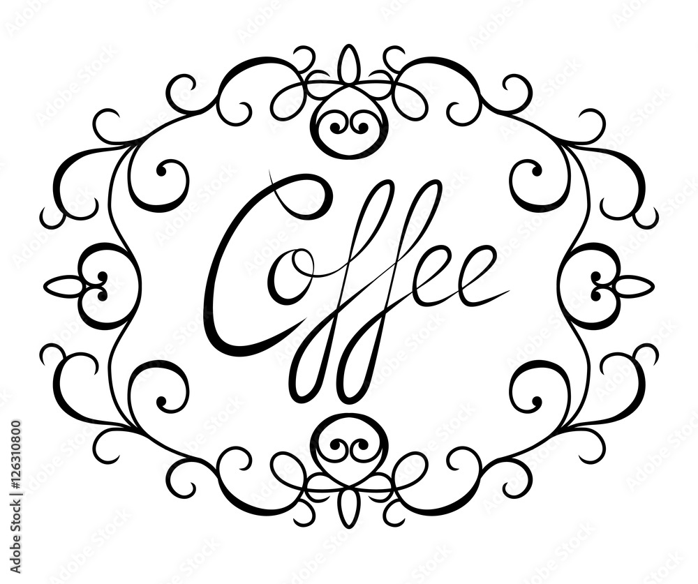 Graphic lettering Coffee surrounded by a frame. Calligraphic inscription isolated on white background.  Template of banner, poster, t-shirt print or logotype. Coffee logo. Vector illustration