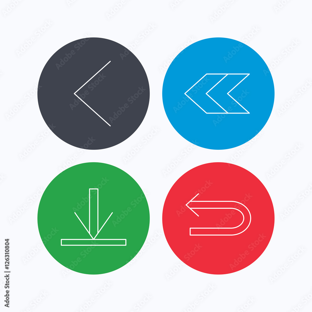 Arrows icons. Download, left direction linear signs. Next, back arrows flat line icons. Linear icons on colored buttons. Flat web symbols. Vector Arrows icons. Download, left direction linear signs. Next, back arrows flat line icons. Linear icons on colored buttons. Flat web symbols. Vector