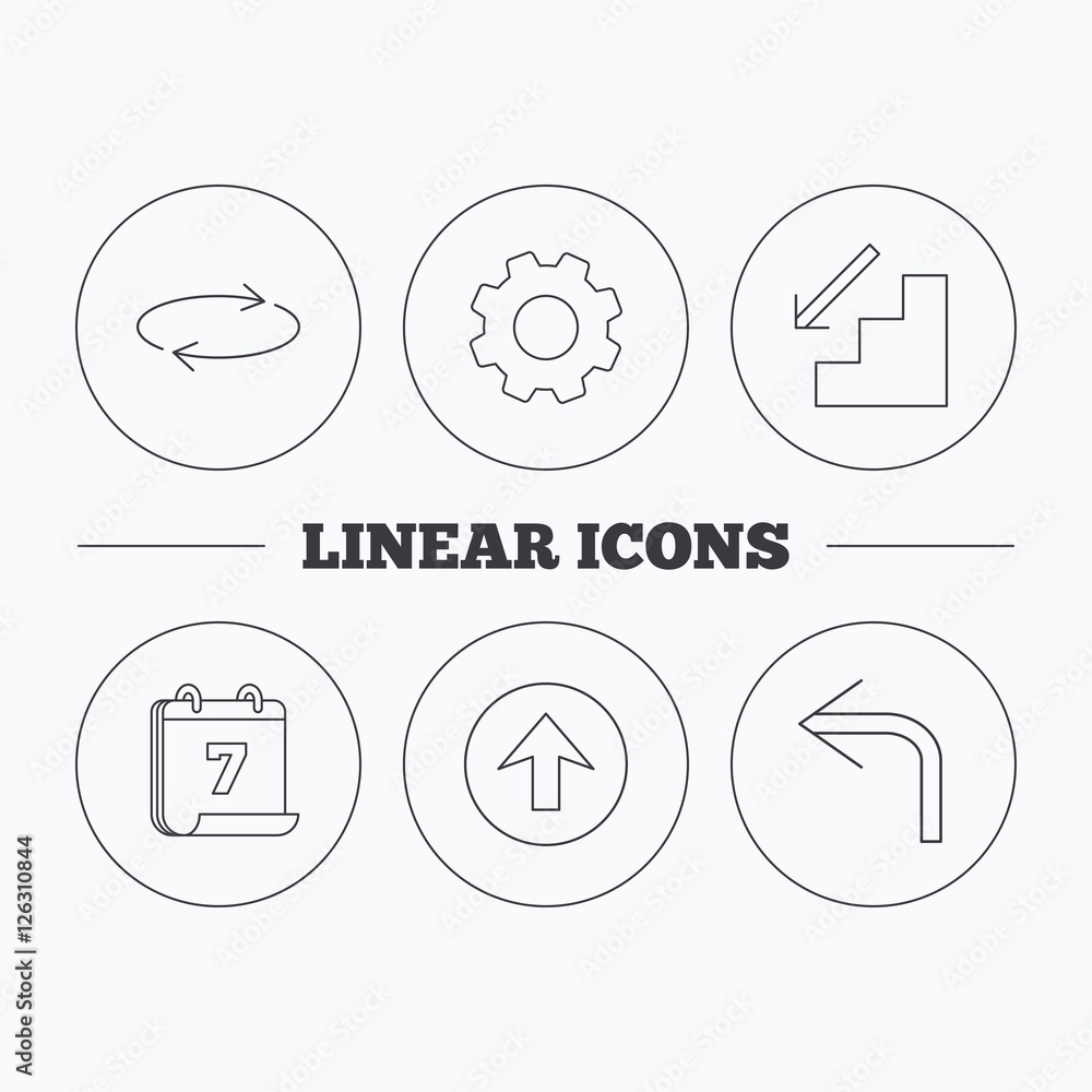 Arrows icons. Upload, repeat and shuffle linear signs. Turn left, downstairs arrow flat line icons. Flat cogwheel and calendar symbols. Linear icons in circle buttons. Vector Arrows icons. Upload, repeat and shuffle linear signs. Turn left, downstairs arrow flat line icons. Flat cogwheel and calendar symbols. Linear icons in circle buttons. Vector
