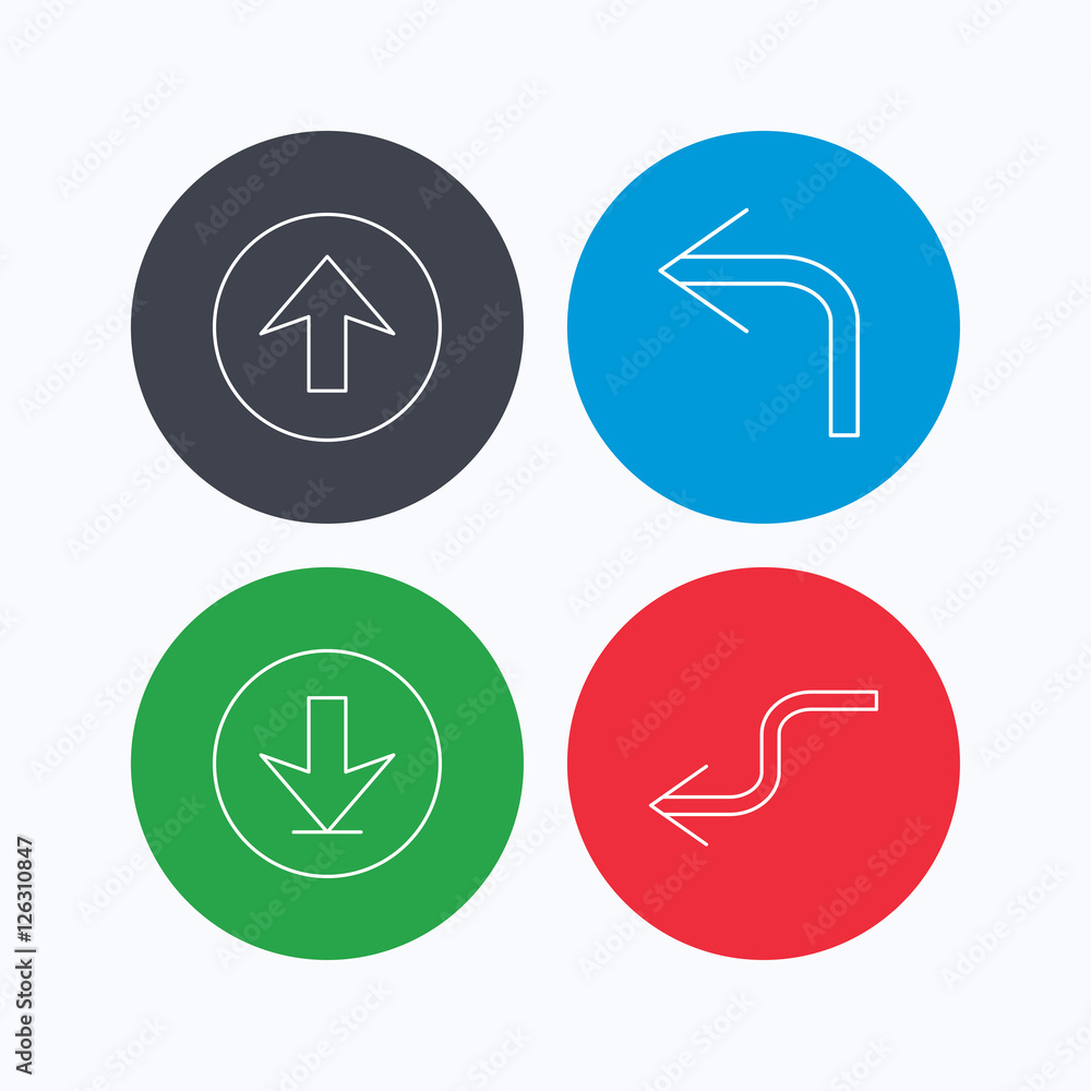 Arrows icons. Download, upload and shuffle linear signs. Turn left, back arrow flat line icons. Linear icons on colored buttons. Flat web symbols. Vector Arrows icons. Download, upload and shuffle linear signs. Turn left, back arrow flat line icons. Linear icons on colored buttons. Flat web symbols. Vector