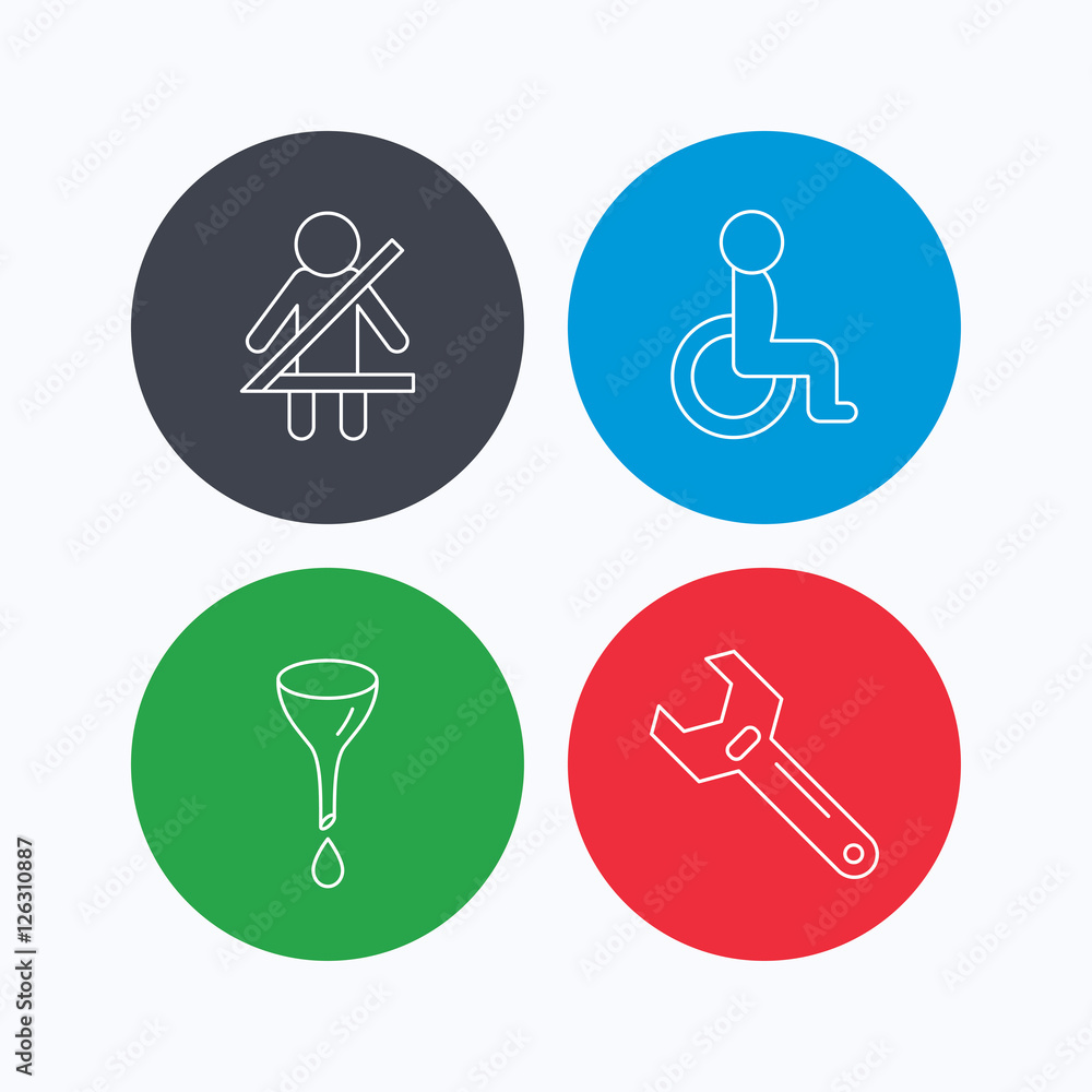 Seat belt, oil change and wrench tool icons. Disabled person linear sign. Linear icons on colored buttons. Flat web symbols. Vector Seat belt, oil change and wrench tool icons. Disabled person linear sign. Linear icons on colored buttons. Flat web symbols. Vector