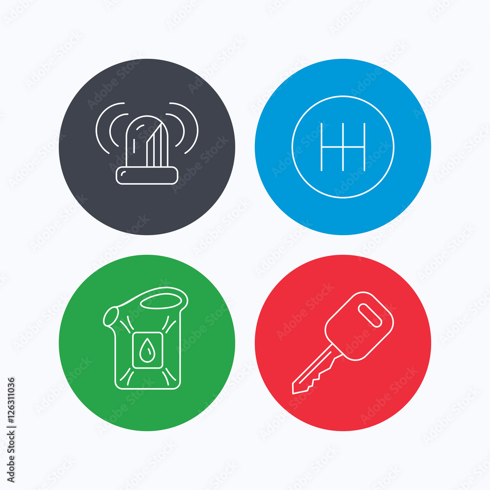 Manual gearbox, jerrycan and car key icons. Siren alarm, fuel jerrycan linear signs. Linear icons on colored buttons. Flat web symbols. Vector Manual gearbox, jerrycan and car key icons. Siren alarm, fuel jerrycan linear signs. Linear icons on colored buttons. Flat web symbols. Vector